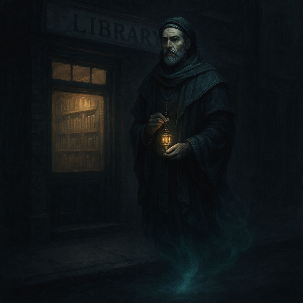 Concept art: the Keeper, a djinn with a humanoid upper body and a floating tail-like form instead of legs, hovering at night beside a small library window glowing warm