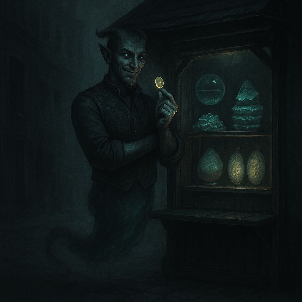 Concept art: the Trader, a djinn with a humanoid upper body and a floating tail-like form instead of legs, leaning beside a night kiosk with curious glowing goods